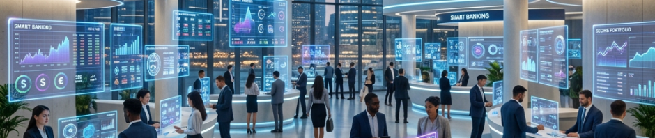 Modern banking center with professionals using transparent digital financial displays